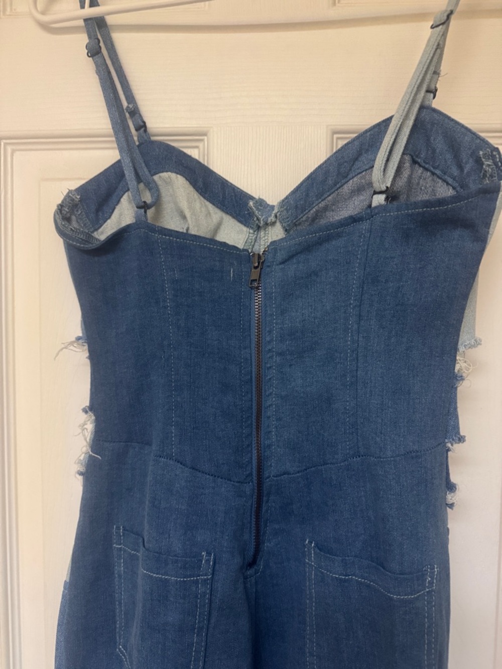 Fashion Nova Two-Tone Blue Patchwork Distressed Flare Jumpsuit - Picture 3 of 5